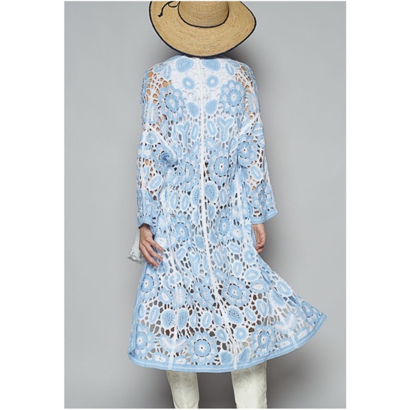 POL Floral Crochet Semi Sheer Open Front Knit Duster Cardigan